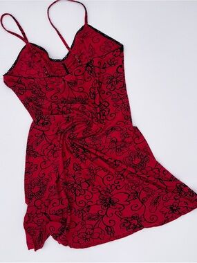 Red Floral Slip Dress with Black Lace Trim